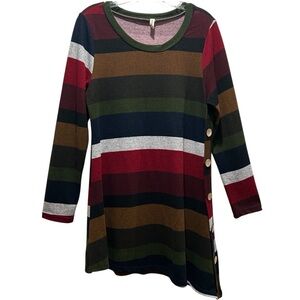 Igenjun Long Sleeve Stripe Dress with Asymmetric Hem and Accent Buttons - Medium